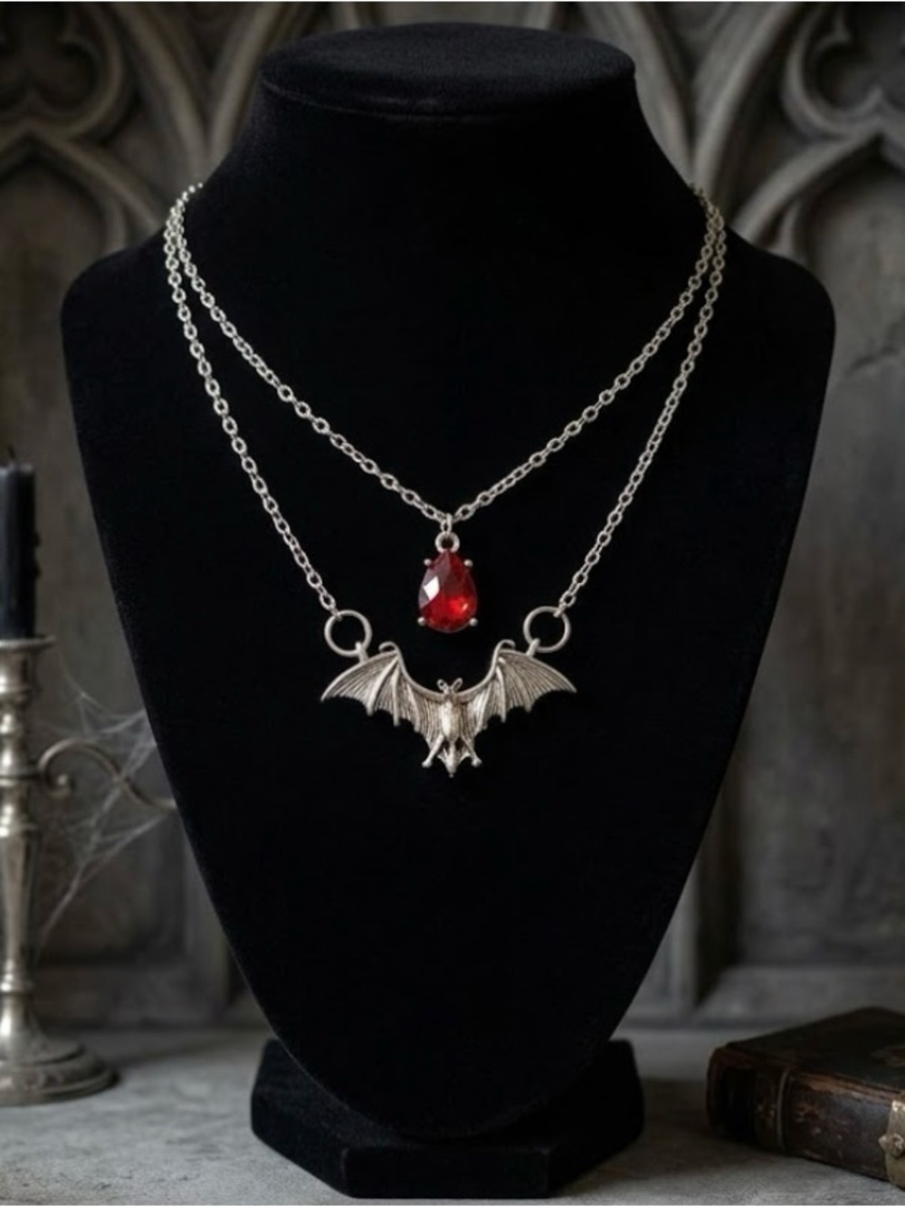 Hand Crafted Silver Bat Necklace with Red Gemstone